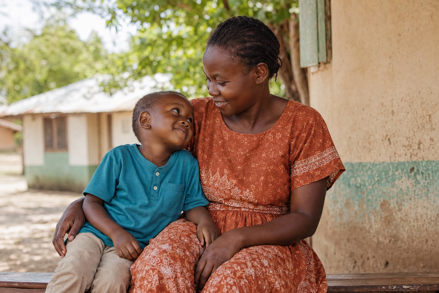 A mother and young child sharing a moment outside a community health post